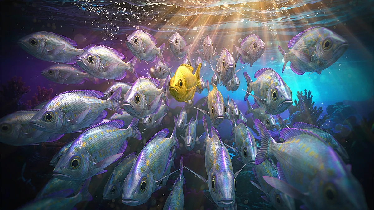 School of fish swimming among floating coins